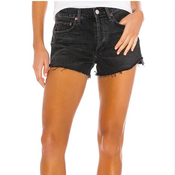 Agolde Parker Dark Black Vintage Wash Shorts Size 26 Button Placket Frayed Hem - Picture 1 of 11